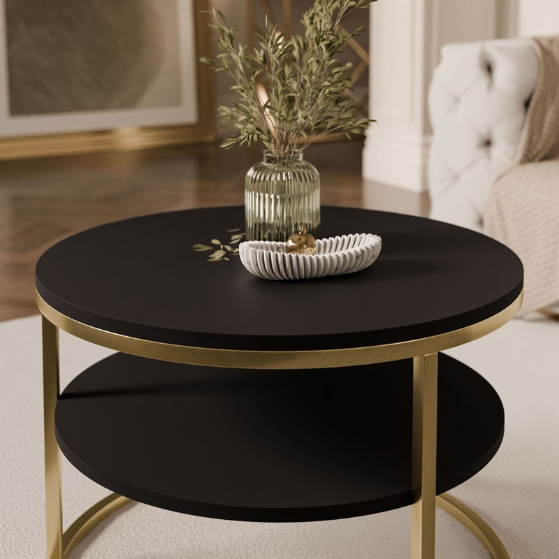 CIRI SLIM Round Coffee Table with Shelf, black matt