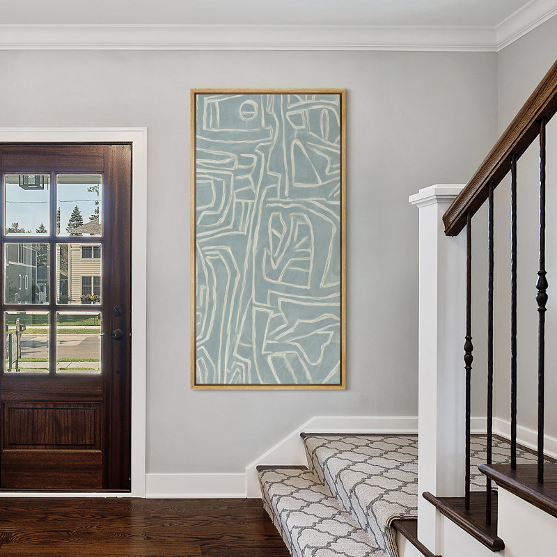 Light Blue Geometric Patterned Abstract - Large Framed Canvas Master Bedroom Wall Art Print, 60" H x 30" W x 1.5" D, Natural