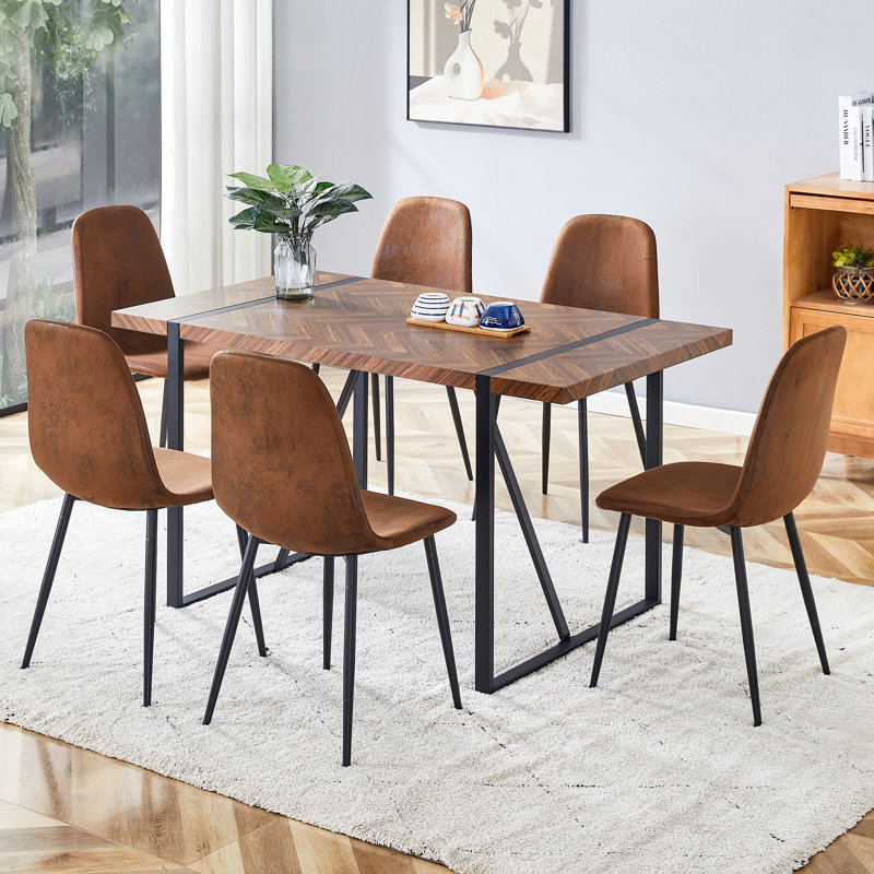 5-Piece Modern  Industrial Rectangular Wood Dining Set with Faux Leather Chairs, 7