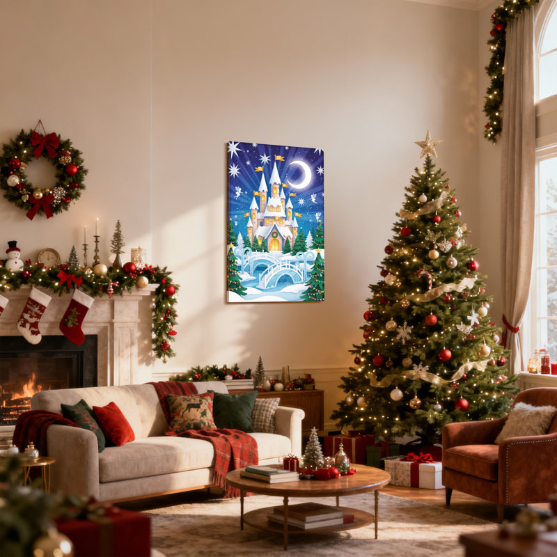 «Christmas Snowy Castle Christmas Night Scene», ensemble de 3 impressions d'art sur toile, H 18 po x l 12 po