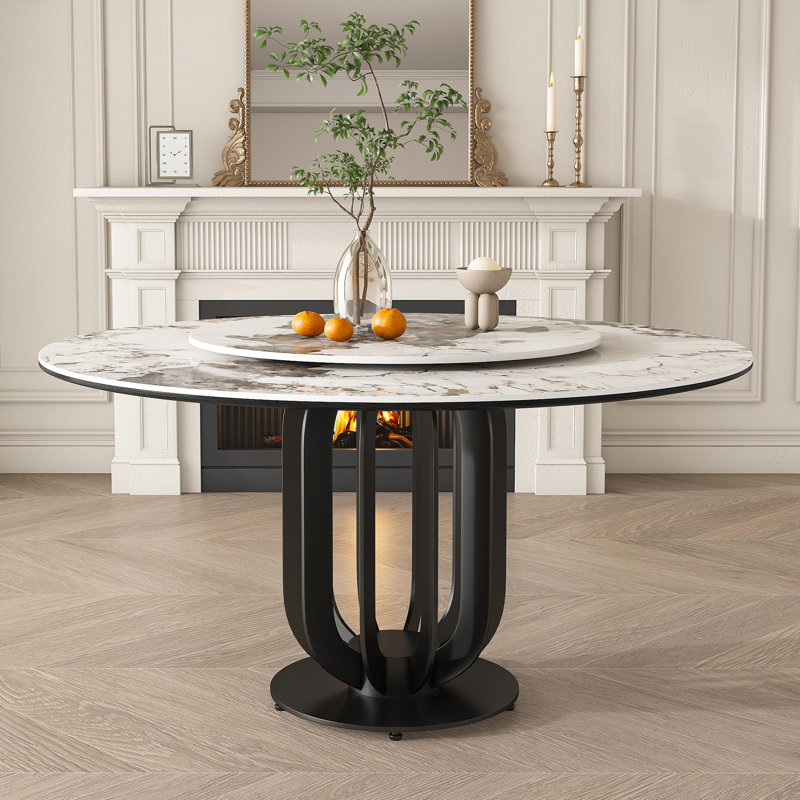 Orren Ellis 59" Round Sintered Stone Dining Table with Black Carbon ...