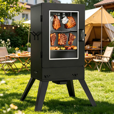 30-Inch Electric Vertical BBQ Smoker, 725 Sq.In. Cooking Area, Temp Control, Leg Kit, Black