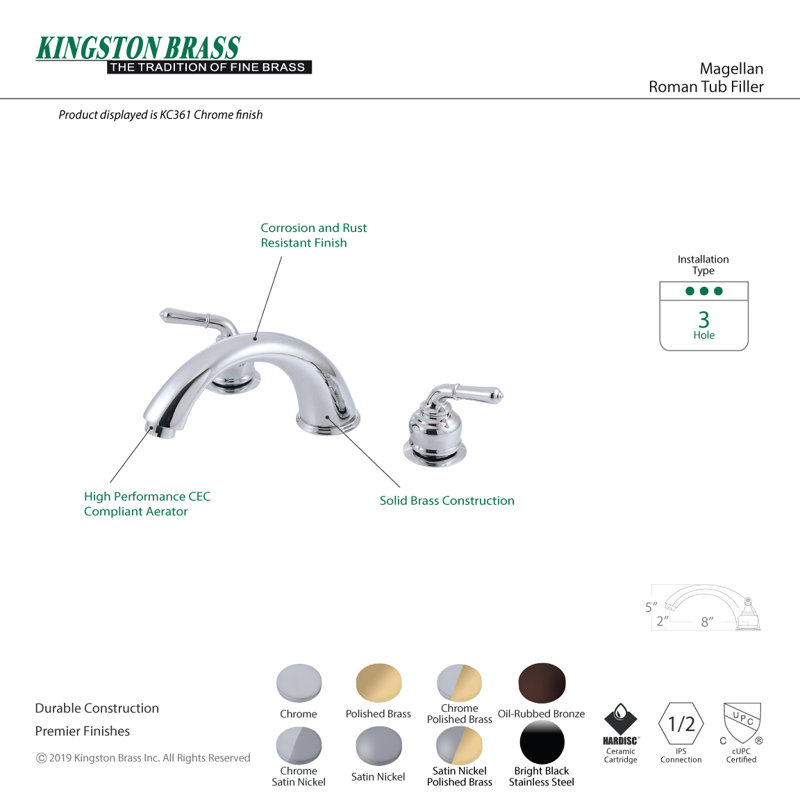 Kingston Brass Magellan Two-Handle 3-Hole Deck Mount Roman Tub Faucet, Polished Chrome