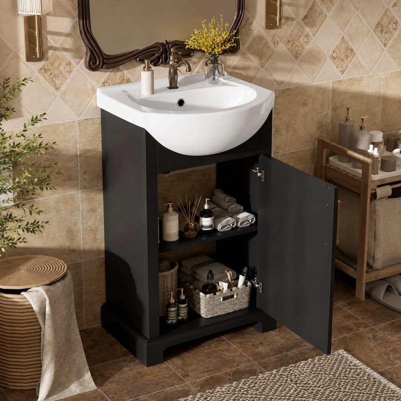 Meuble-lavabo simple sur pied avec lavabo en céramique, armoire de style français de 50 cm (19,7 pouces) avec porte à fermeture amortie, noir