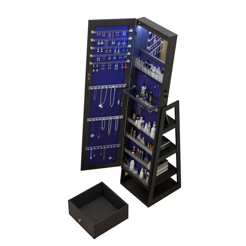 Armoire à bijoux avec miroir pivotant 360 ° HD pleine longueur, armoire à bijoux verrouillable avec miroir de maquillage intérieur