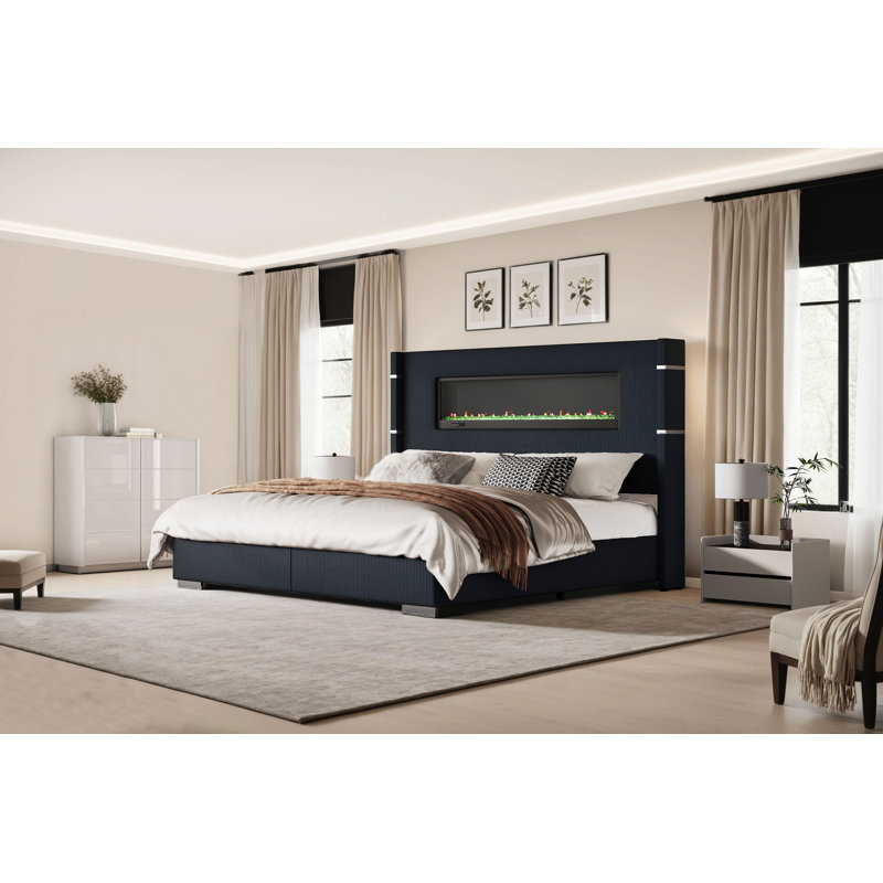 Lorianna Corduroy Upholstered Platform Bed with Integrated Fireplace, Black, Queen