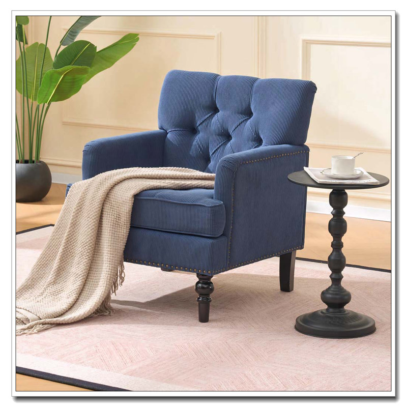 Fauteuil rembourré avec boutons, canapé en tissu de lin pour la chambre à coucher, Bleu