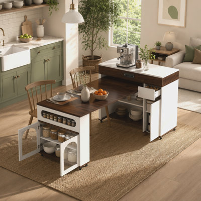 Table de salle à manger extensible avec plateau pliable extra-long, îlot de cuisine roulant avec tiroirs, prise de courant et verrou de frein, armoire de rangement pour la cuisine et la salle à manger