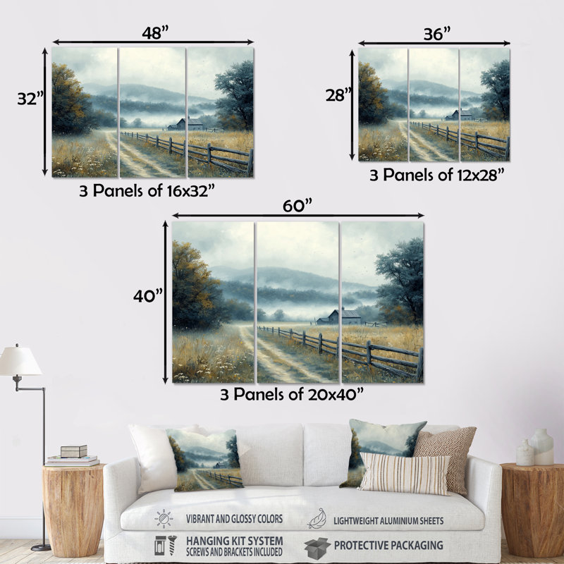 «Blue Green Misty Valley Farmhouse III», ensemble d'art mural de ferme, Métal métal, H 28 po x l 36 po x P 1 po