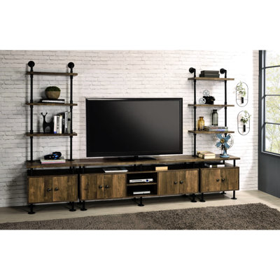 Meuble télé rustique en métal et bois rustique noir pour téléviseur à écran plat 60 po à 2 tablettes avec 4 compartiments ouverts