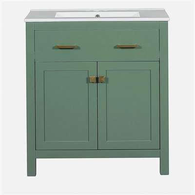 30-inch Bathroom Dressing Table with Ceramic Basin, Green Single Bathroom Cabinet, with 2 Doors and Shelves, Door