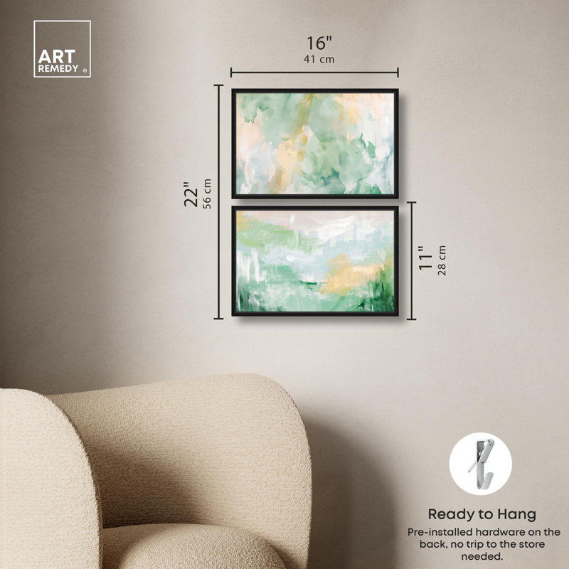 Double Green Set, ensemble de 2 toiles vertes et bleues par Art Remedy, H 10 po x l 15 po, Cadre flottant noir