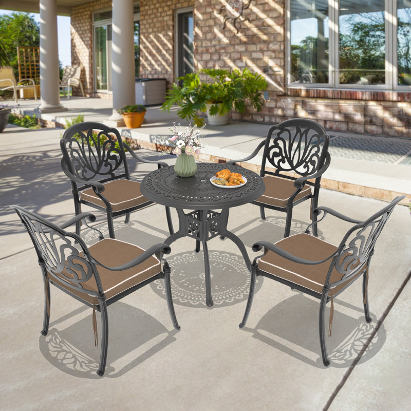 31.5-inch Round Table Cast Aluminum Outdoor Dining Set with Umbrella Hole and Brown Cushions, 4