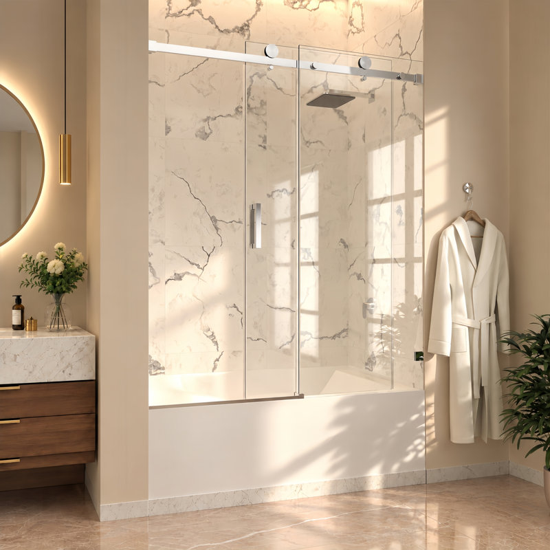 Porte de douche coulissante sans cadre Serenity 56''-60''L x 72''H avec verre clair de 3/8" (10 mm) chromé, Chrome