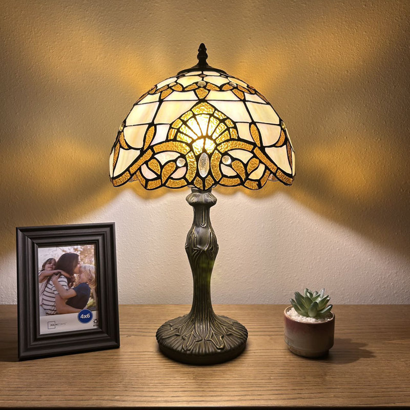 Simonson Tiffany Table Lamp Gold Stained Glass Baroque Style Lavender 19'H*12"W