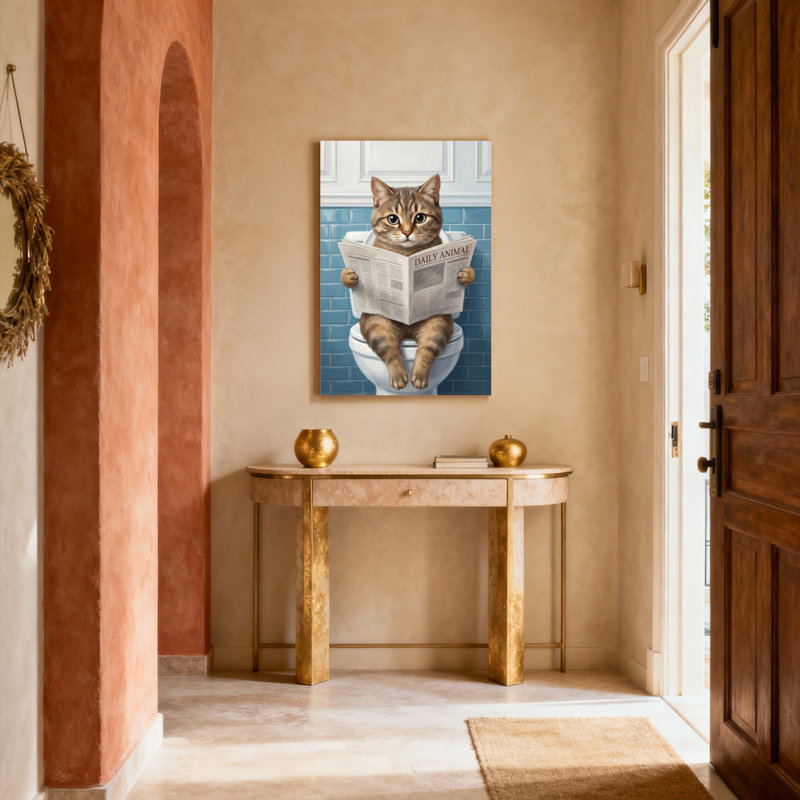 Chat lisant un journal sur une toile tendue sur toile tendue, ensemble de 1, H 24 po x l 16 po