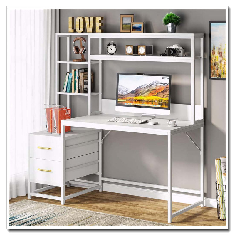 Bureau d'ordinateur avec tiroirs à tablettes ouvertes, Blanc