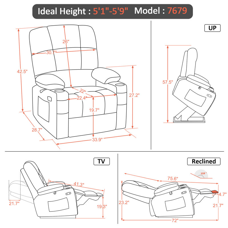 Lay Flat Dual Motor Power Lift Recliner Chair Sofa with Massage and Heat, Infinite Position, Dark Grey