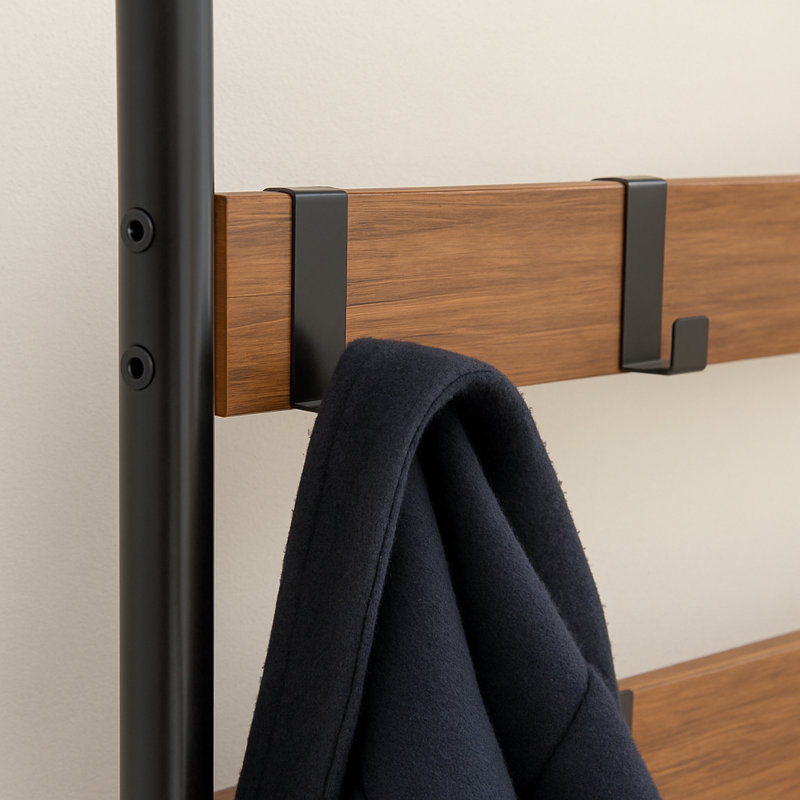 Square Steel Coat Rack with Shoe Storage Bench - Black Frame with Wooden Seat, Brown
