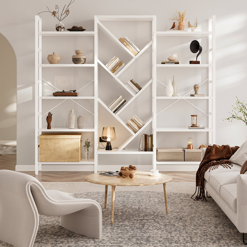 70.9"W x 70"H Etagere Bookcase, 5 Tier Bookshelf with 17 Open Display Shelves Modern Tree Book Shelf, White