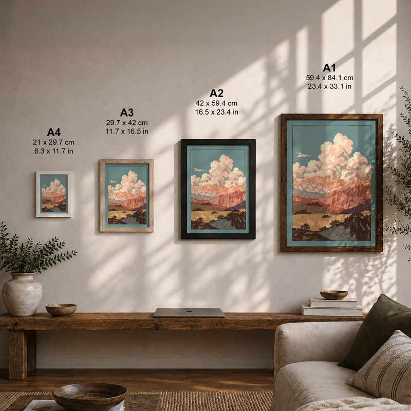 Mountains at Sunrise Rustic - Framed Print, A2 - 59.4 x 42.0 cm, Walnut