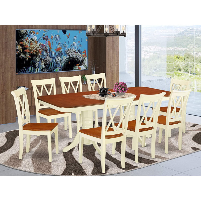Cet ensemble de salle à manger 9 pièces comprend une table de salle à manger rectangulaire avec feuille papillon et 8 chaises de cuisine, babeurre et cerise