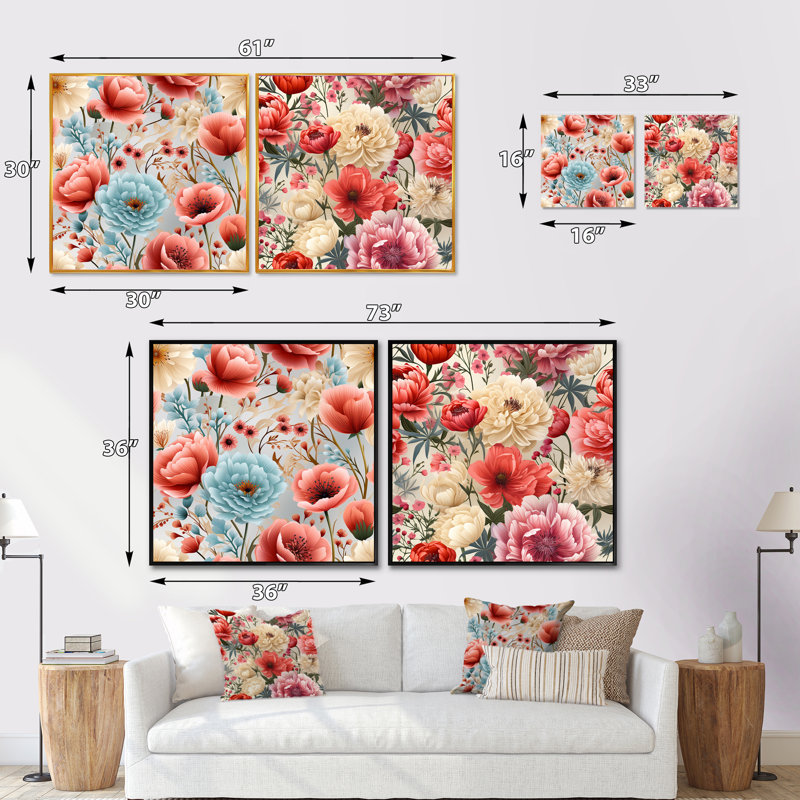 Ilyas - Floral Square Collage Set Of 2, Black Floater Framed, 16" H x 33" W
