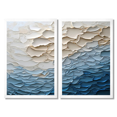«White and Blue Coastal Mosaic - Coastal Wall Art Decor», ensemble de 2 impressions sur toile côtières blanches