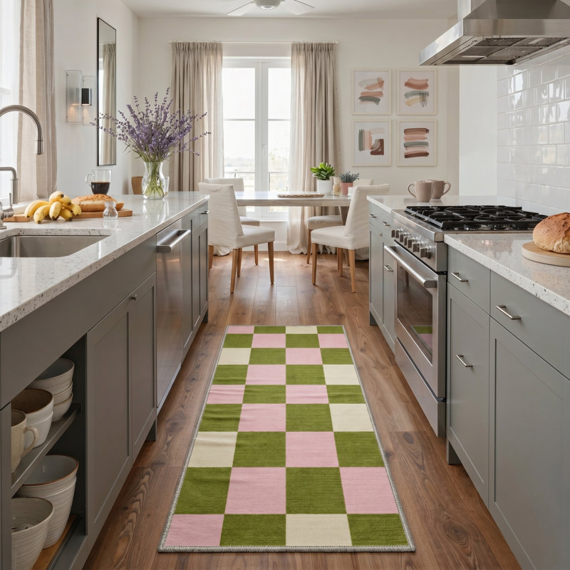 Aura Modern Checkerboard Machine Washable Green / Beige / Pink Indoor Area Rug with Non-Slip Backing, Runner 2'3" x 6'