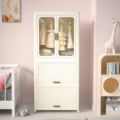 Portable Wardrobe Closet Storage Organizer For Clothes,Clothes Dresser, Magnetic Doors With 4 Cubes &  Hanging Rod,10 Pcs Hangers , Baby Wardrobe Storage Cabinet,White
