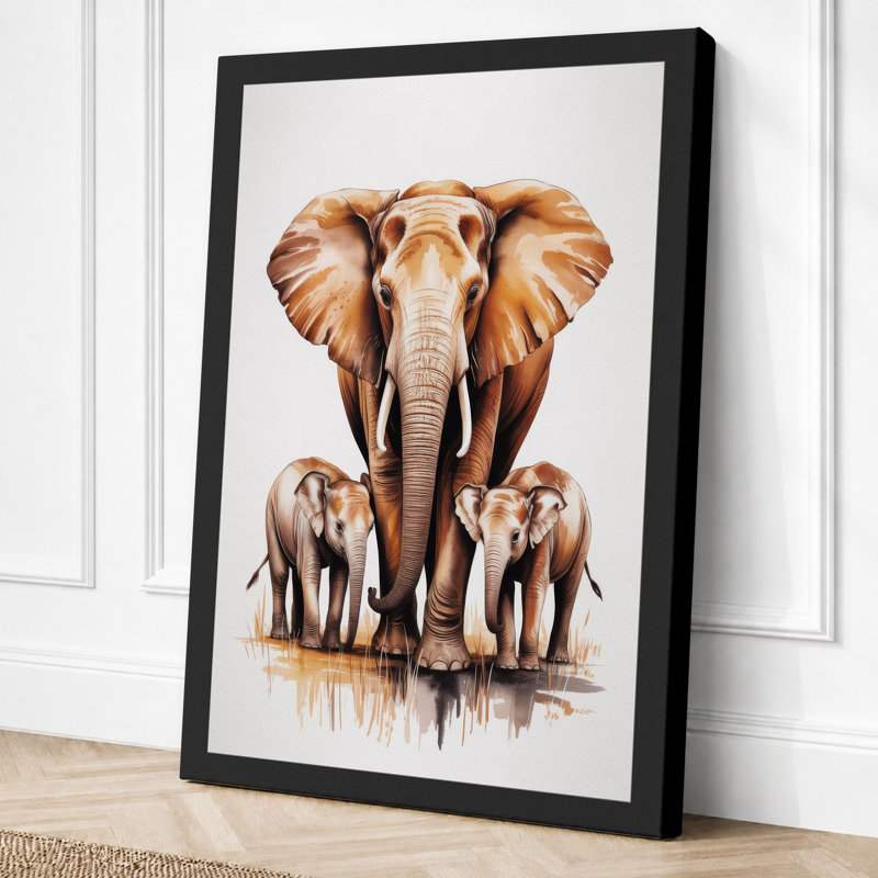 Elephant Family Boho - Print, 30x20 - 76.2 x 50.8 cm, Black Border