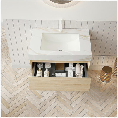 Meuble-lavabo de salle de bain 30 po FRIGGA, armoire de rangement en contreplaqué flottant, tiroir et tablette avec capteur de lumière, lavabo encastré en céramique et plateau en pierre frittée Calacatta Gold, pré-assemblé, finition texturée travertin