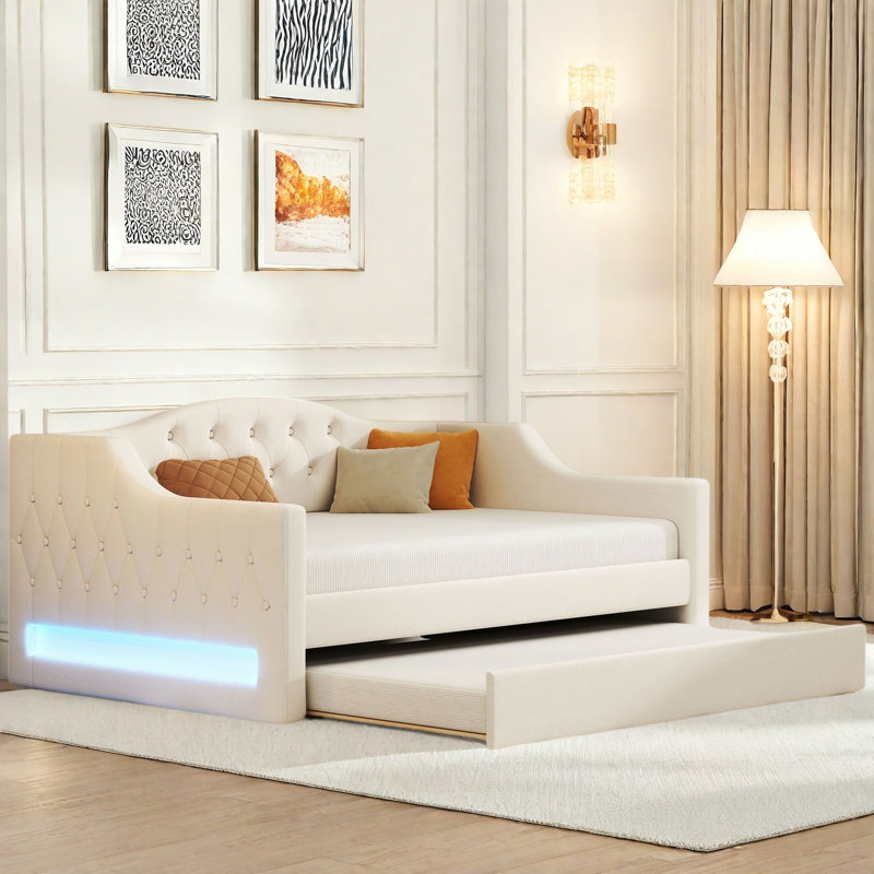 Modern Upholstered Daybed With Led Belt, Trundle And Button Tufted Design, White, Extra-Long Twin