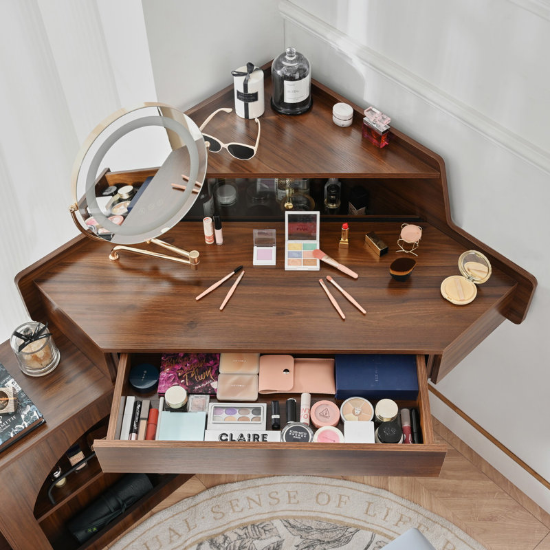 Corner Dresser with Mirror and LED Lights, Modern Dressing Set with Mirror and Stool, Brightness Adjustable Folding Mirror