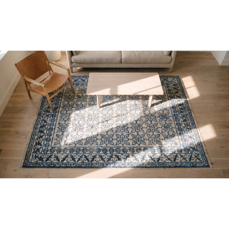 Tapis à poils longs en coton doux crème et bleu antique