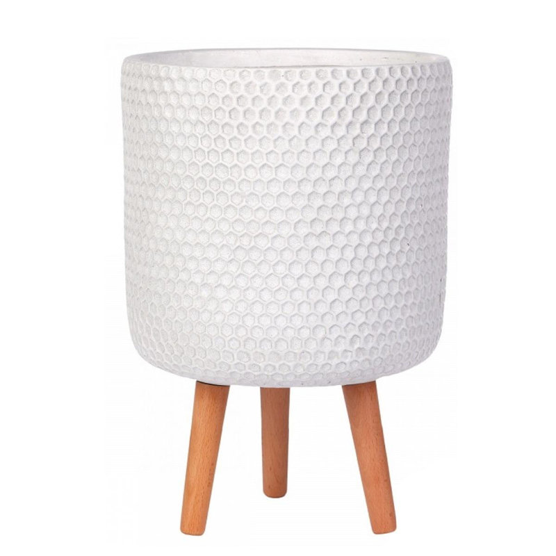 Concrete Effect Cylinder Round Planter on Hardwood Legs, Round Indoor Plant Pot Stand for Indoor Plants, Indoor Flower Pot with Honeycomb Pattern