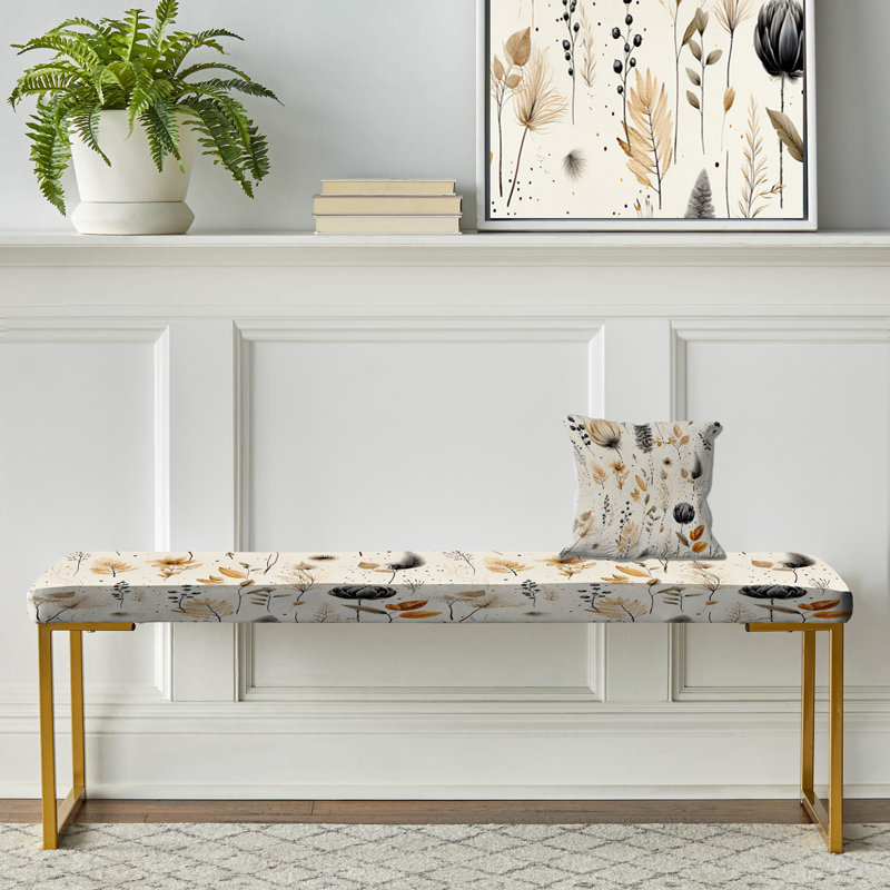 Grey And Beige Geometric Flowers - Boho Upholstered Gold Bench