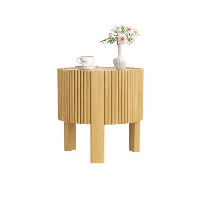 Round Fluted Side Table with Storage for Living Room, Rubber Solid Wood, Soft-close Door, Natural, 19.6"
