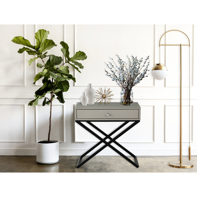 Table de bout en bois taupe 23 po avec verre, tiroir, dessus en verre avec pieds croisés, P 12,5 po, l 21,5 po