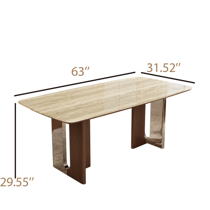 Ensemble de salle à manger contemporain 7 pièces, table rectangulaire en pierre avec pieds en bois et support en métal, 6 chaises rembourrées avec pieds en bois massif pour la salle à manger