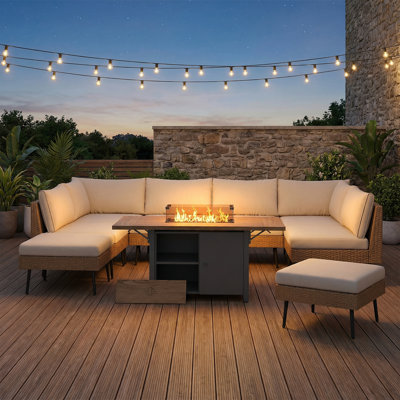 Ensemble de conversation modulaire en osier 9 pièces avec coussins et table de foyer d'extérieur 9 pièces