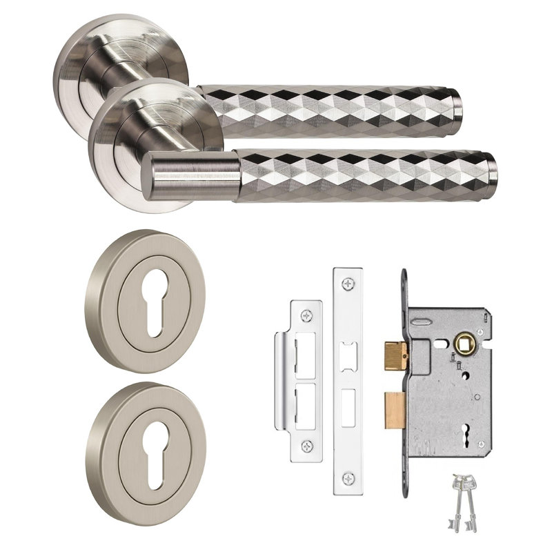 Golden Grace Knurled Diamond Cut T-Bar Door Handle Lock Set with Thumbturn and Mortise Lock