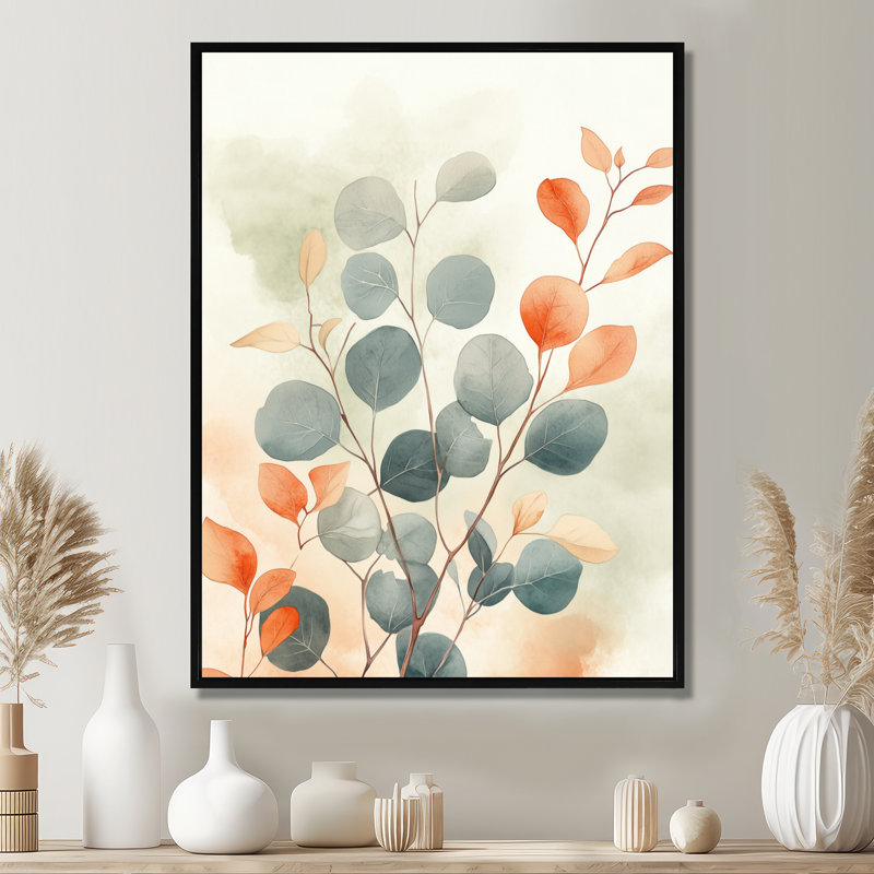 Eucalyptus et feuilles d'ambre - Impression sur toile encadrée à thème botanique, H 40 po x l 30 po, Cadre flottant noir
