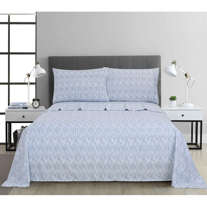 Ensemble de draps en microfibre 4 pièces, Motif floral bleu, Ensemble de draps pour très grand lit avec 2 taie