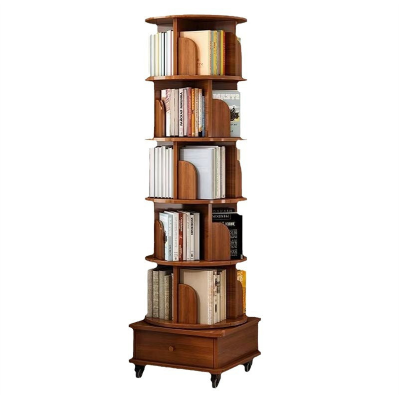 68.1'' H 5 Tier Rotating Rolling Bookcase with 1 Drawer, Walnut