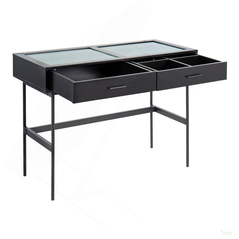 Emery Contemporary Console Table In Black Wood, Black Steel, And Glass Top By Lumisource, Black