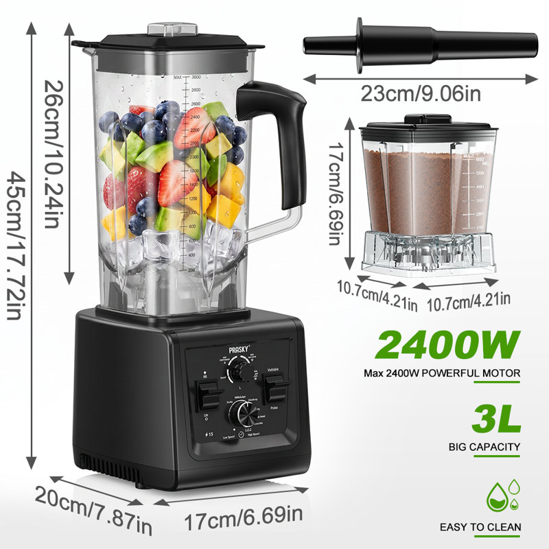 Mélangeur Prasky Smoothies, mélangeur professionnel 102 oz et broyeur avec minuterie intelligente | 2400 watts de pointe | 2 contenants | Mélangeurs de comptoir pour smoothies, pâte à biscuits, salsa et plus