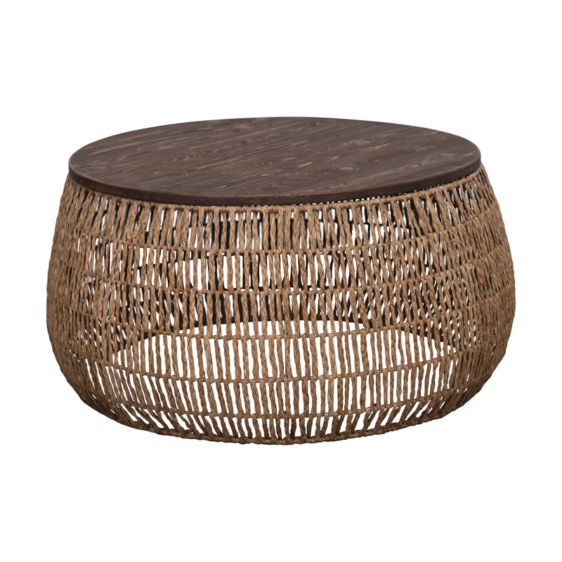 Conelia Hand-Woven Seagrass and Pine Wood Round Coffee Table, Natural, Brown/Brown