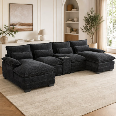 Canapé modulaire en U en chenille de 123 po de largeur avec siège double 123, console double, porte-gobelets et ports USB