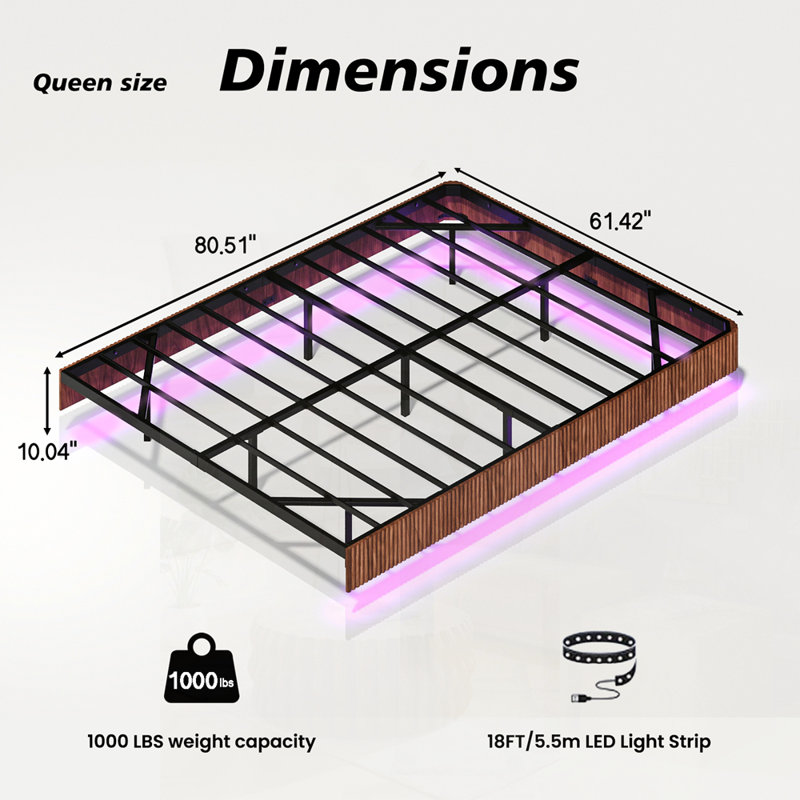 Walnut Queen Floating Bed Frame with LED Lights, Wave Curve Wood Texture, and Heavy Duty Metal Slats - No Box Spring Needed